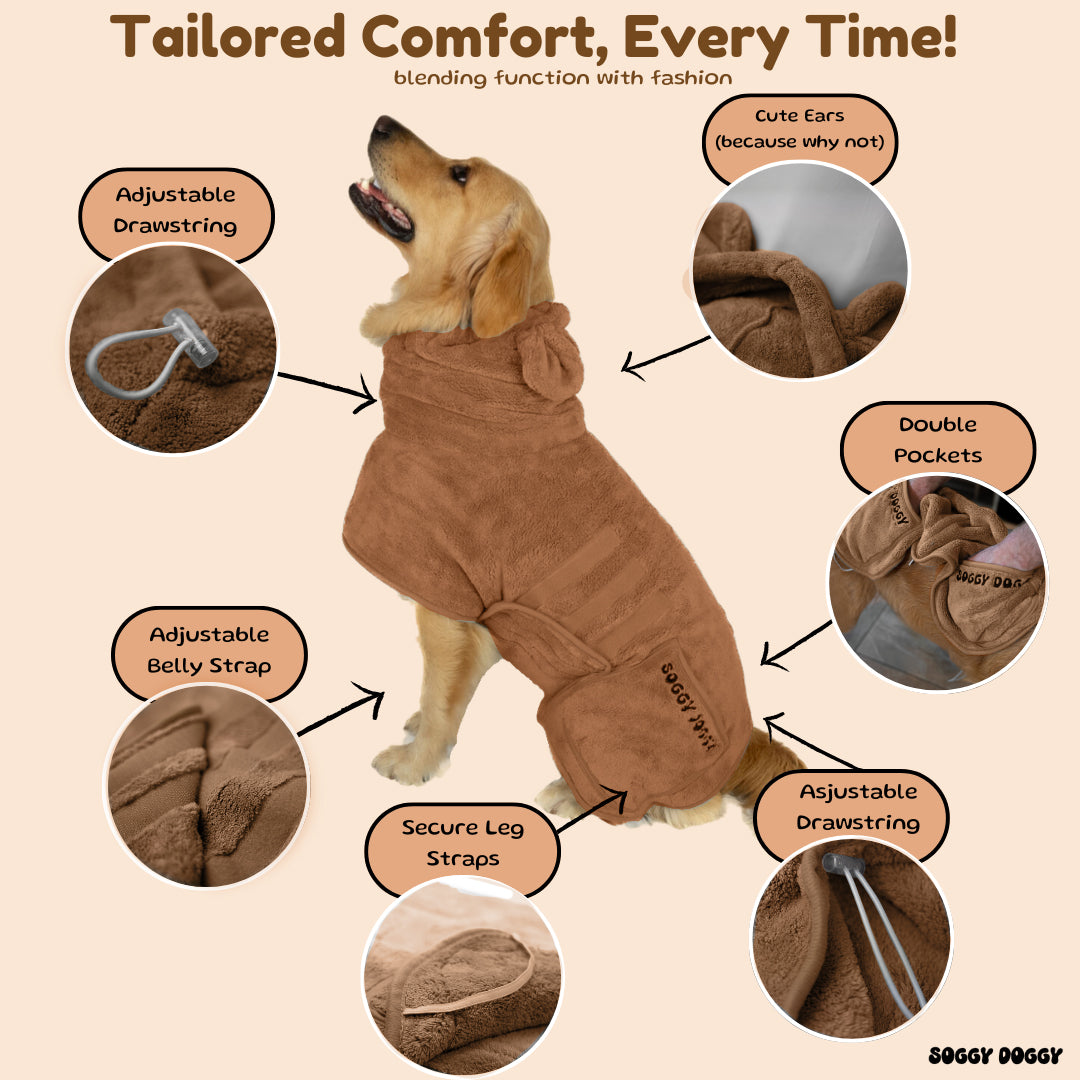 SOGGYDOGGY®UK: Luxury Microfibre Dog Drying Robe - Brown