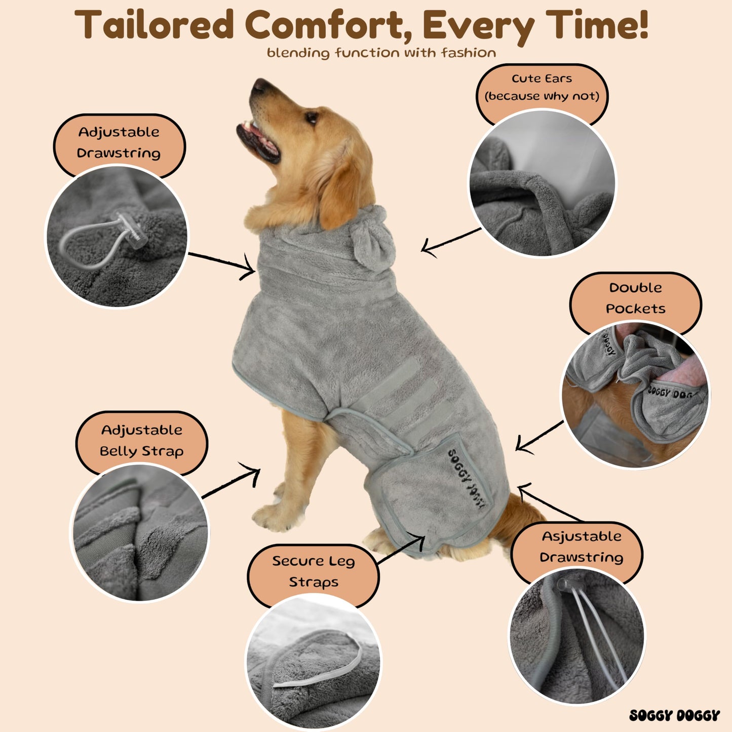 SOGGYDOGGY®UK: Luxury Microfibre Dog Drying Robe - Grey