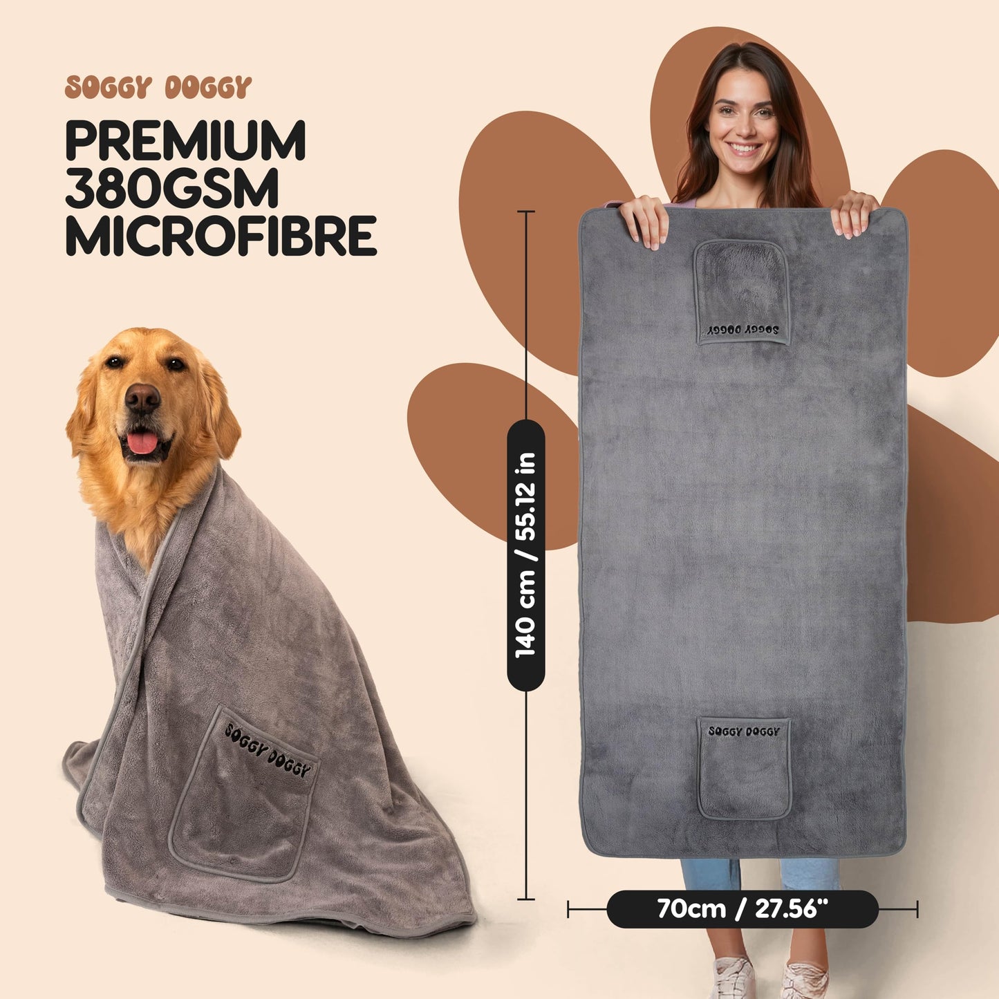 SOGGYDOGGY®UK: Luxury Absorbent Dog DryingTowel - 140x70cm - 2 pack